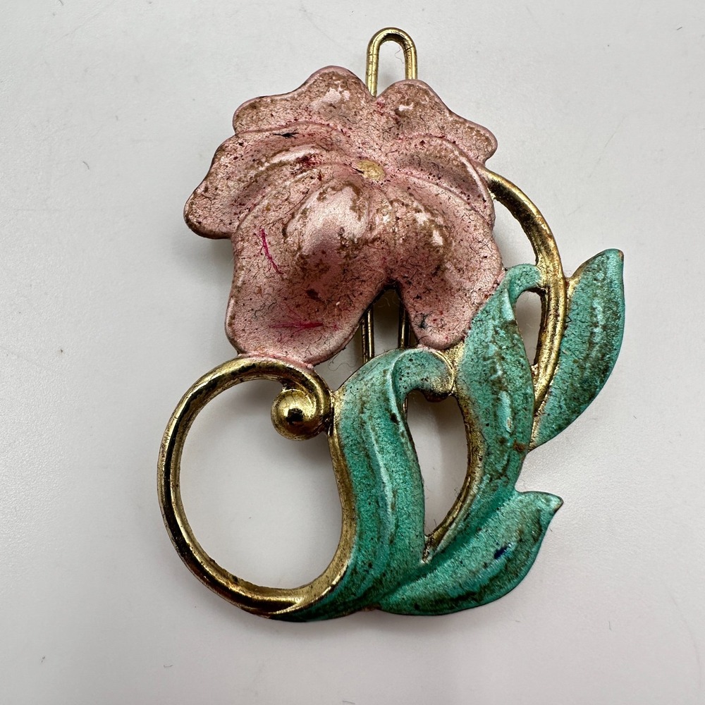 Vintage 90s Gold Tone Flower Brooch Pin Pink Green Enamel Boho Jewelry